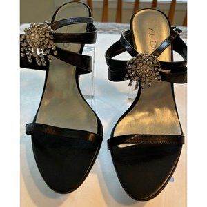 Women's Aldo Strappy Sandals Size 7 Black Silver Rhinestone Flower 4 Inch Heels